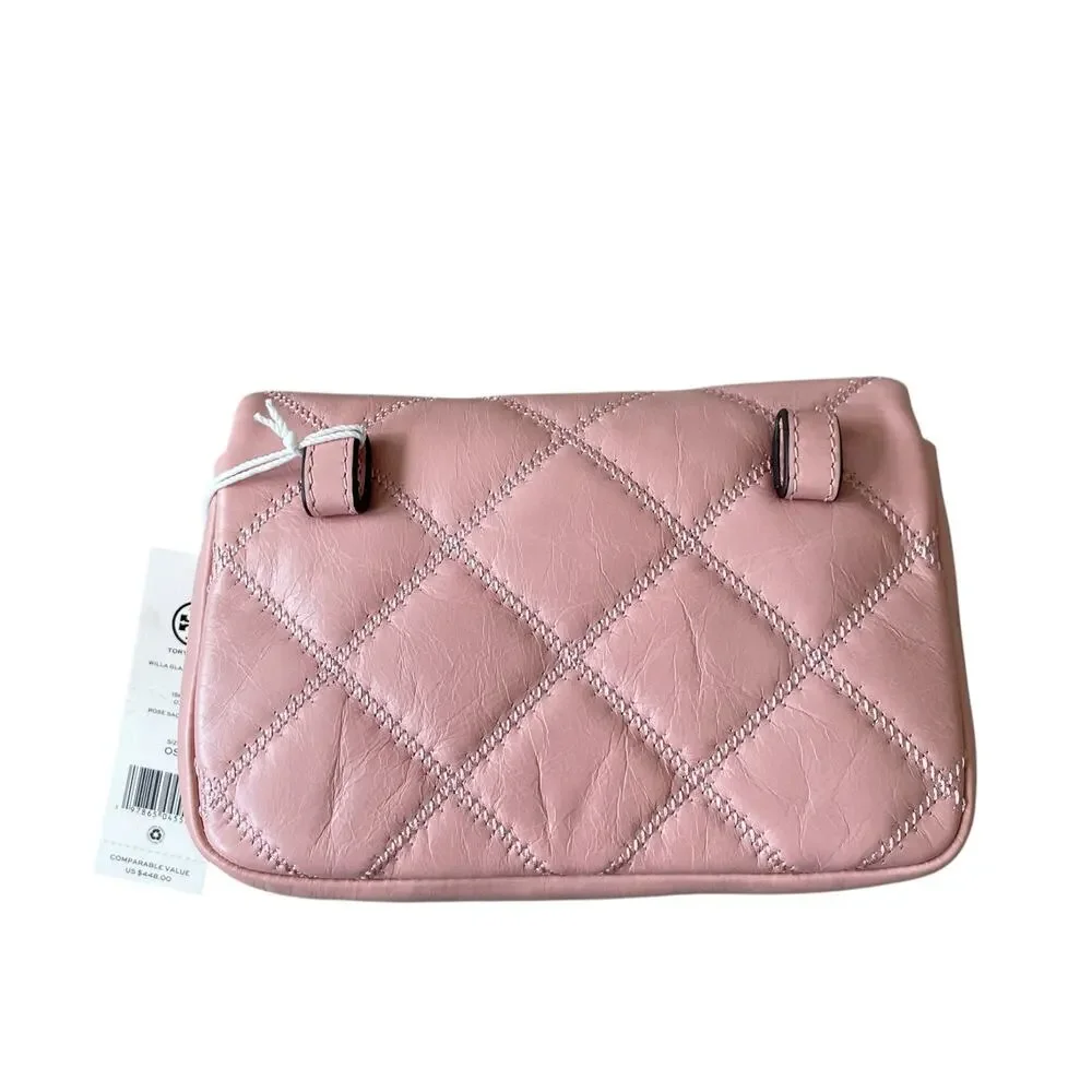 Tory Burch Willa Glazed Mini Belt Bag Crossbody Pink Rose Sachet Leather OS New